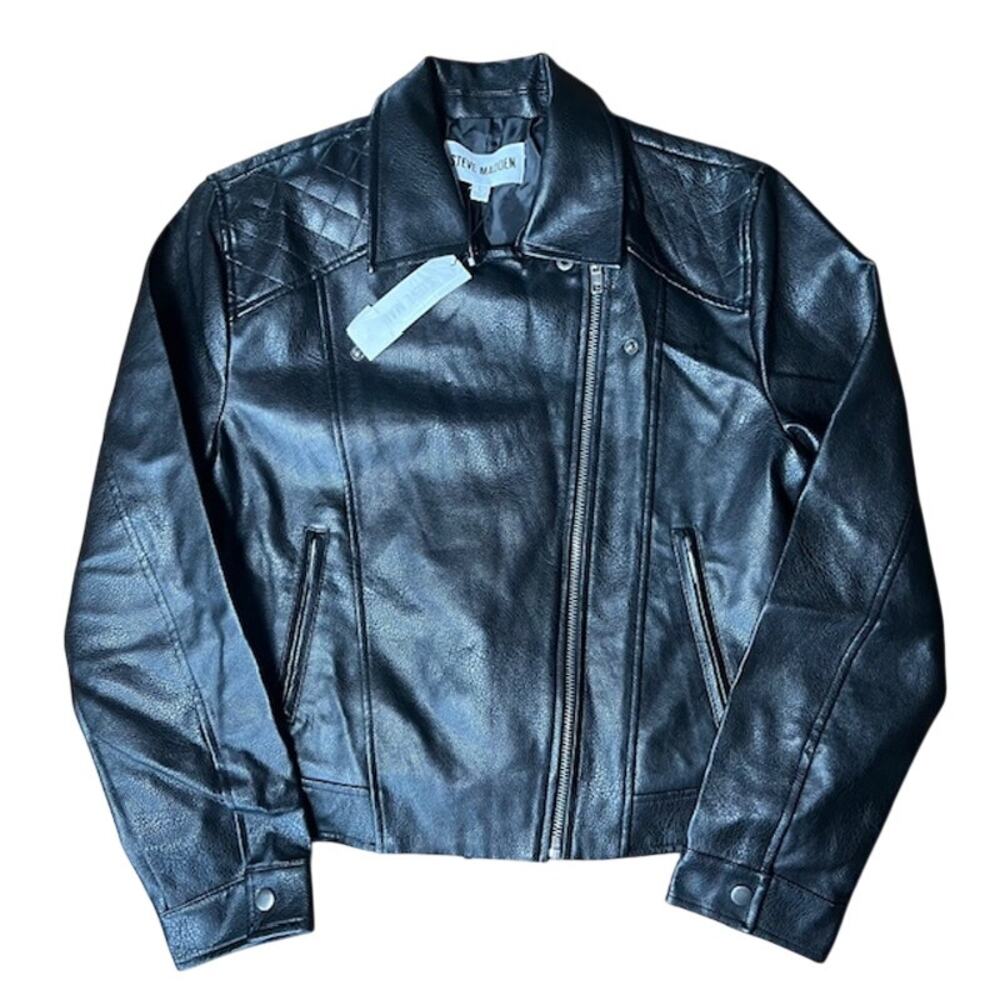 NWT Steve Madden Motorcycle Moto Jacket Womens L Black Faux Leather Biker Grunge